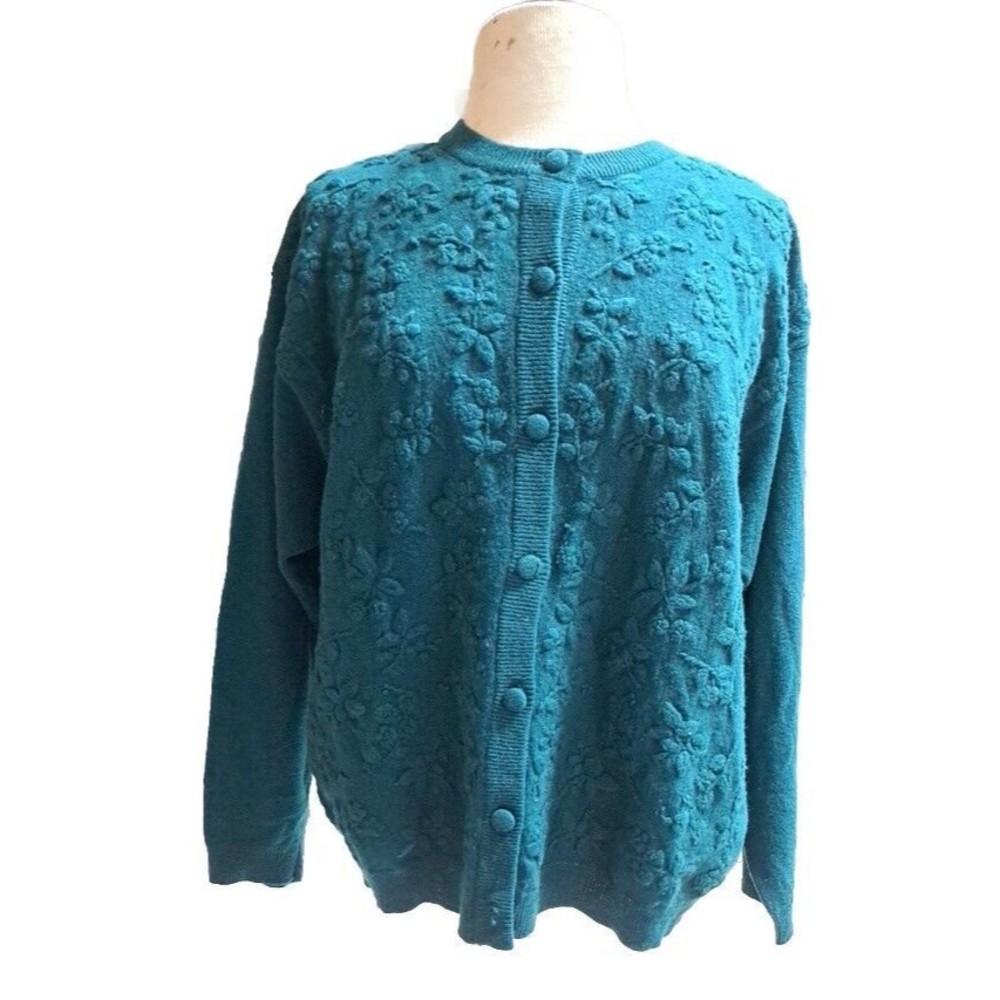 Vintage LL Bean Cardigan Sweater Women's Large Wool Green Floral Knit